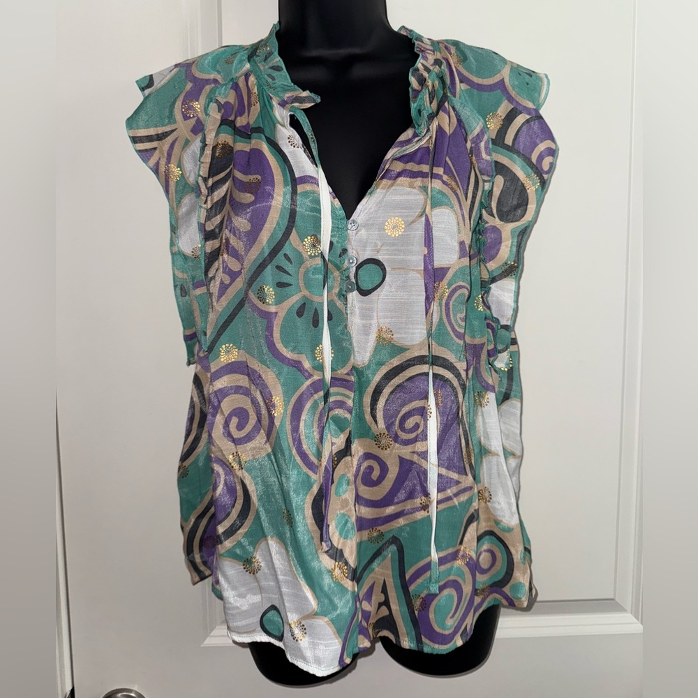 Harve Benard Women's Blouse with Green and Purple Swirls Size Medium Feminine